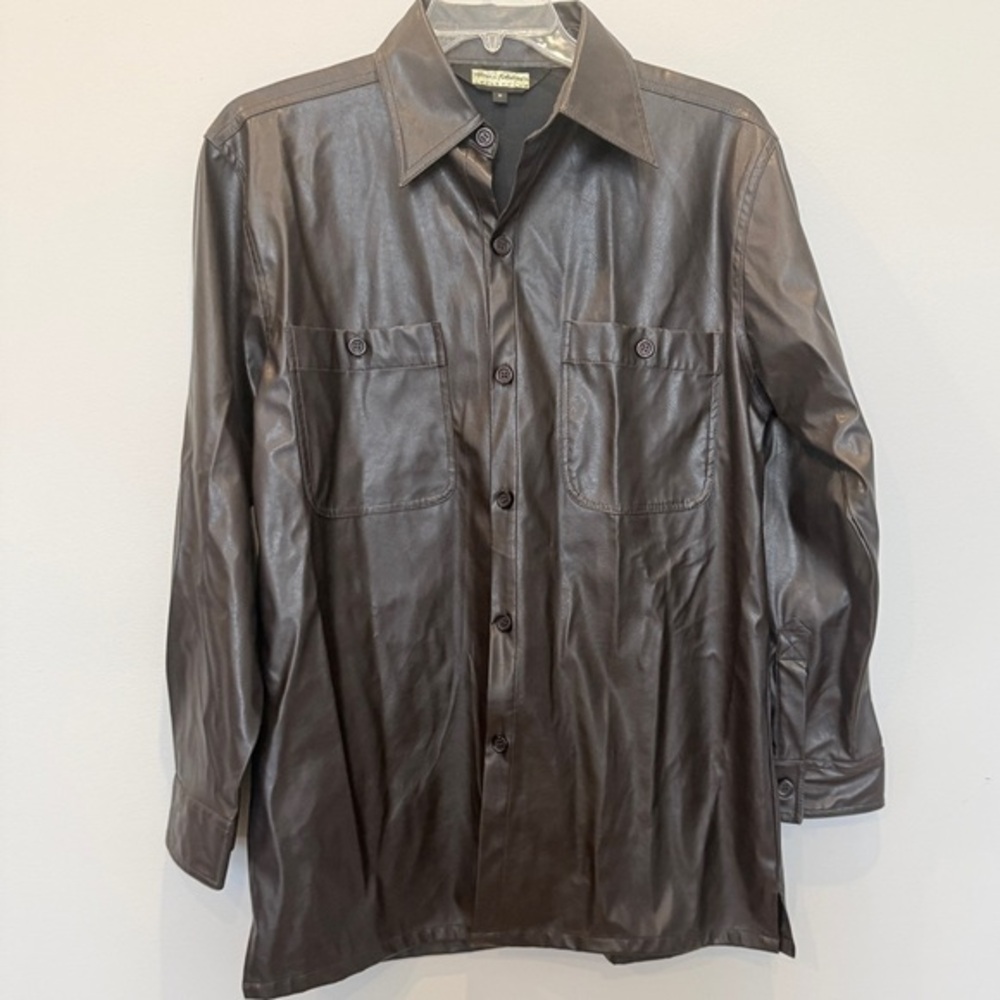 Henri Valdise'o Shirt Brown Faux Leather Polyester Button Up Shirt Sz M AY